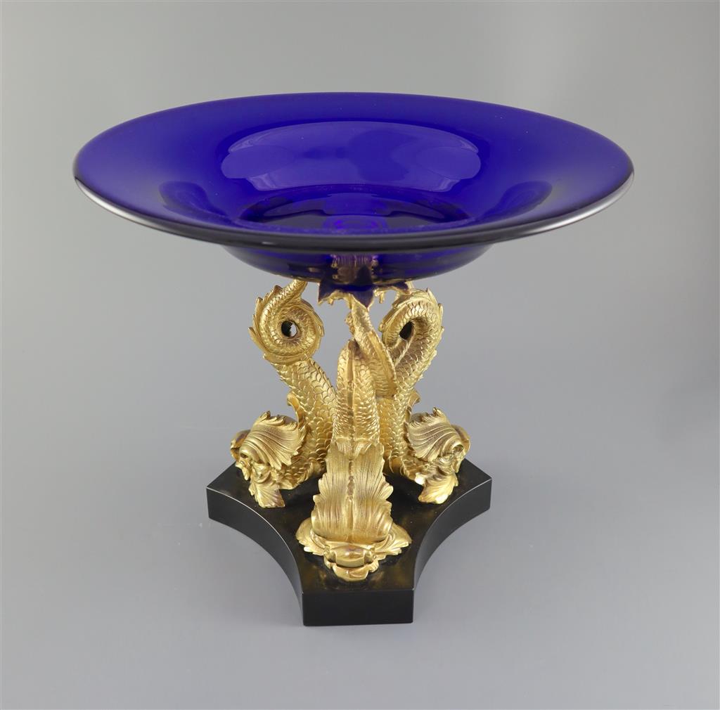 An impressive Regency blue glass and ormolu dolphin centrepiece fruit bowl, 39.5cm diameter